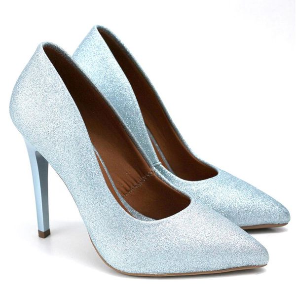 Scarpin Salto Alto Gliter Glamour Celeste