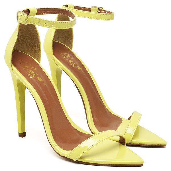 7910 Sandália Bico Folha Salto Alto Verniz Amarelo