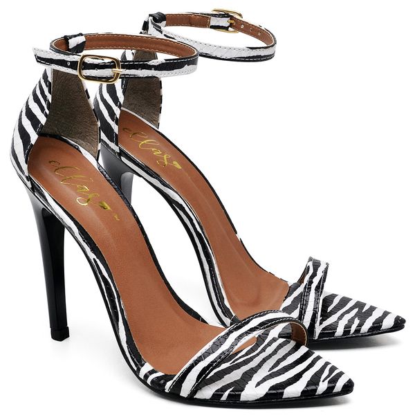 7910 Sandália Bico Folha Salto Alto Zebra Branco