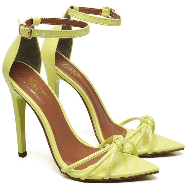 7912 Sandália Bico Folha Salto Alto Verniz Amarelo