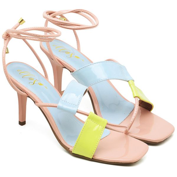 8544 Sandalia Salto Medio Bico Quadrado Verniz Amarelo/Azul
