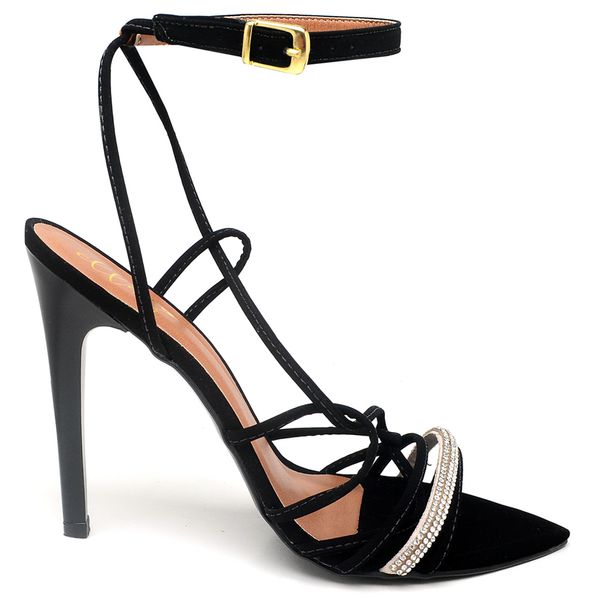 7949 Sandália Salto Alto Bico Folha Nobuck Preto Tira Strass