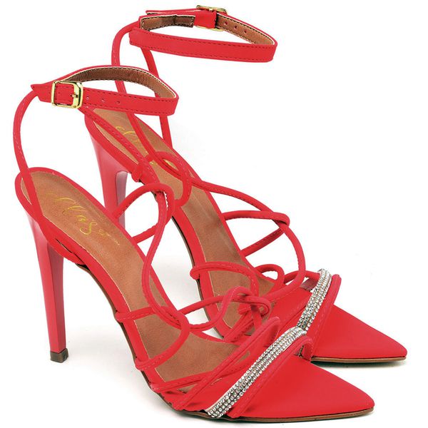 7949 Sandália Salto Alto Bico Folha Nobuck Vermelho Tira Strass