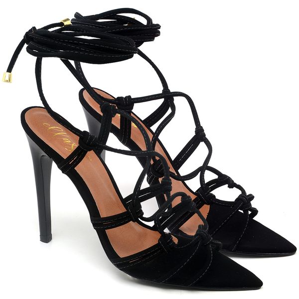 7950 Sandália Salto Alto Bico Folha Nobuck Preto
