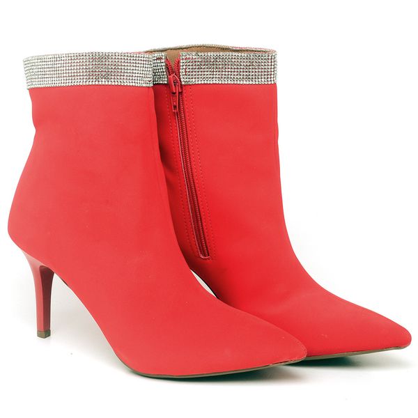 9107 Bota Cano Curto com Strass Salto Médio Nobuck Vermelho