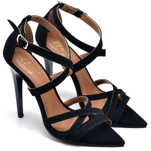 7911 Sandália Bico Folha Salto Alto Nobuck Preto