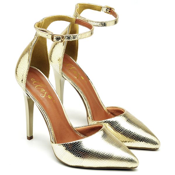 7913 Sandália Bico Folha Salto Alto Lagarto Dourado 