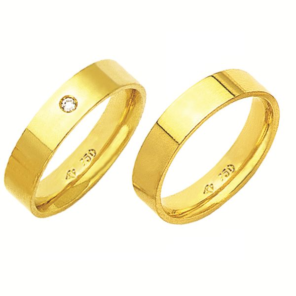 Alianças de casamento e noivado em ouro 18k 750 com pedra tradicional anatômica 5 mm