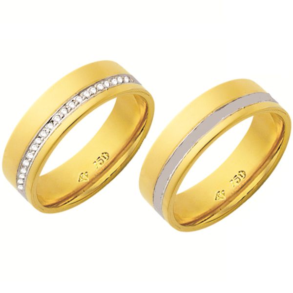 Alianças de casamento e noivado em ouro 18k 750 trabalhadas 2 tons com diamantes 6.15 mm