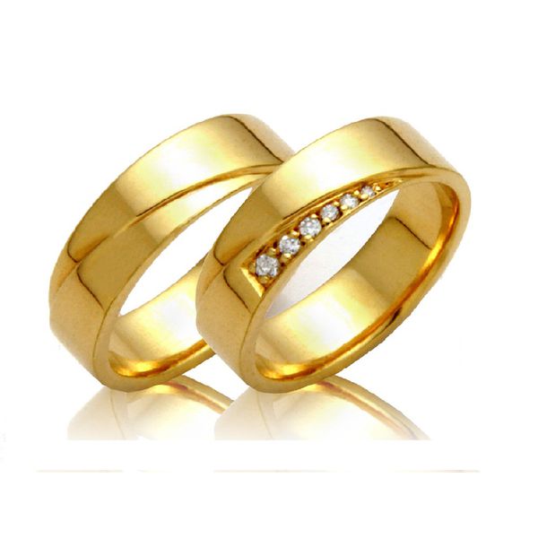 Alianças de casamento e noivado em ouro 18k 750 trabalhadas e anatômicas com diamantes 6.50 mm