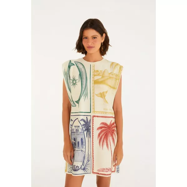 VESTIDO CURTO OMBREIRA ESTAMPADO BRASIL VINTAGE 