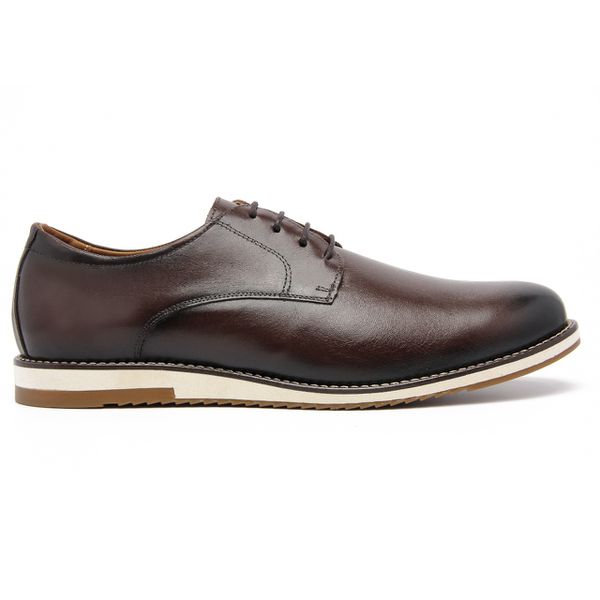 Sapato Social Oxford Derby Masculino Casual em Couro Sola Branca Café