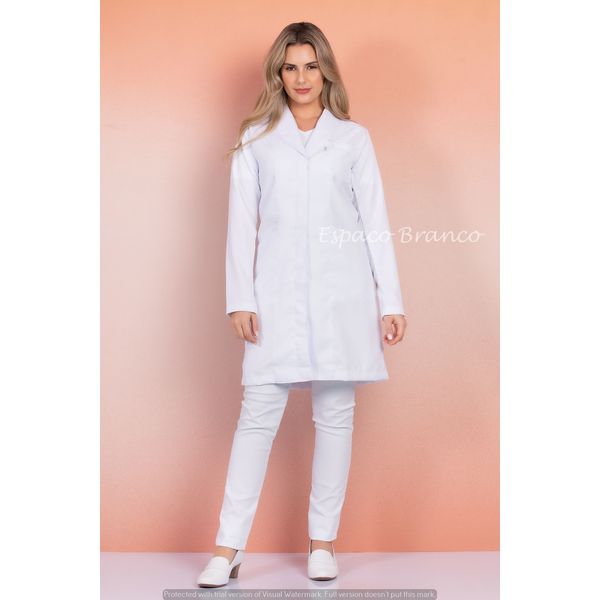 Jaleco Feminino Plus Size Acinturado 100% Algodão Manga Longa Branco - Botão de pressão 