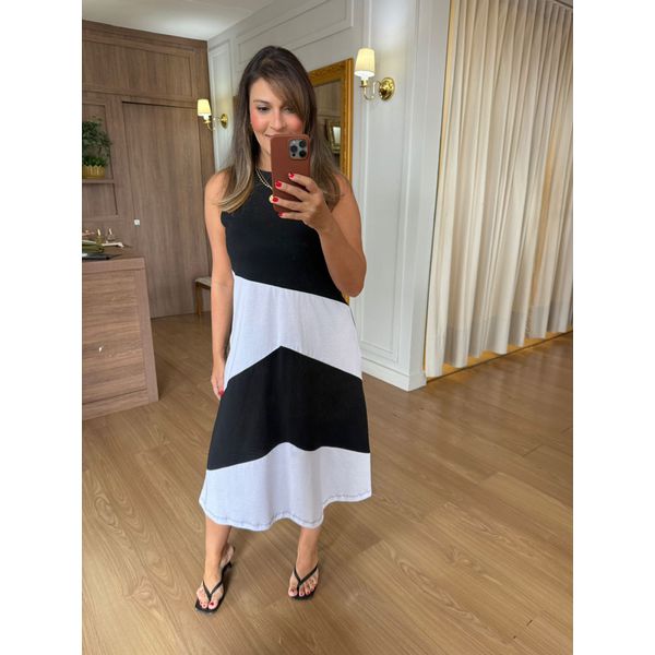 VESTIDO MALHA DE ALGODÃO BICOLOR LIZ - PRETO COM BRANCO