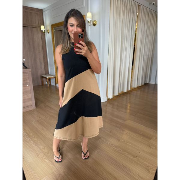 VESTIDO MALHA DE ALGODÃO BICOLOR LIZ - PRETO COM DOCE LEITE