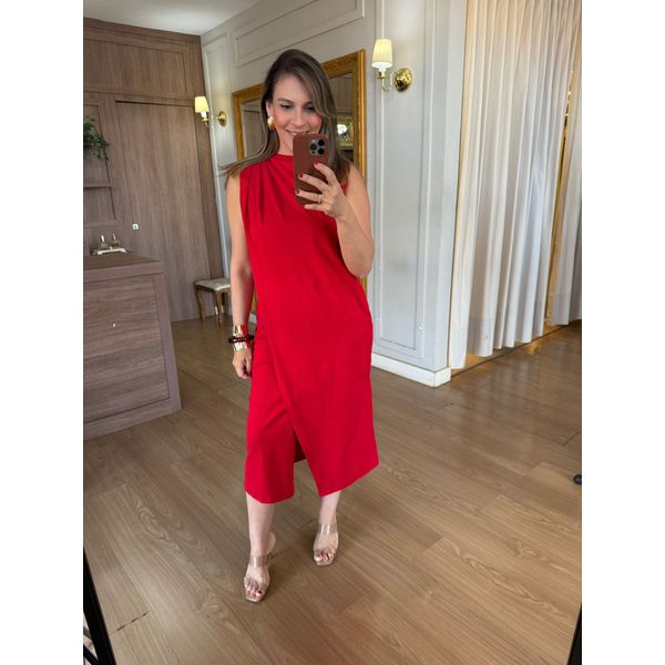 VESTIDO MALHA DE ALGODÃO DRAPEADO- VERMELHO