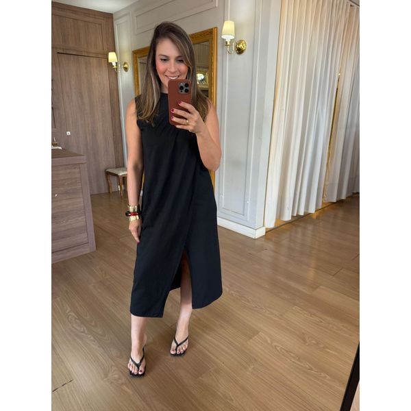 VESTIDO MALHA DE ALGODÃO DRAPEADO- PRETO