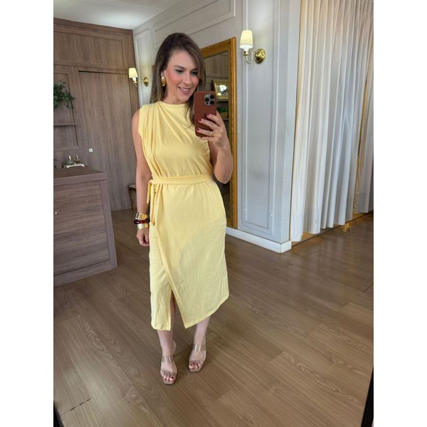 VESTIDO MALHA DE ALGODÃO DRAPEADO - AMARELO