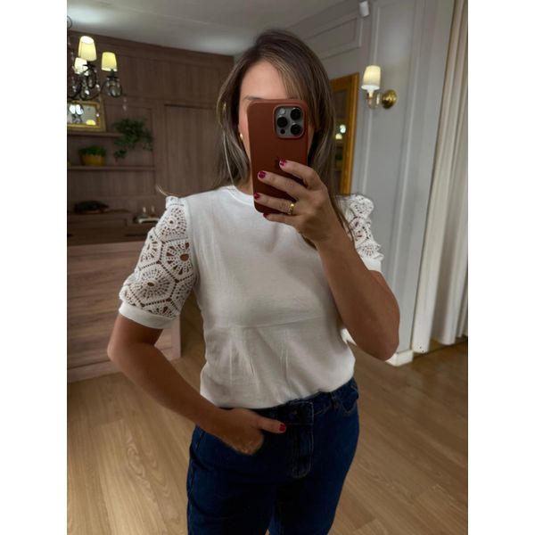 BLUSA MALHA ALGODÃO MANGA RENDA - BRANCA