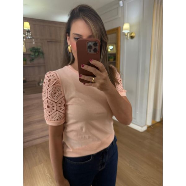 BLUSA MALHA ALGODÃO MANGA RENDA - ROSA