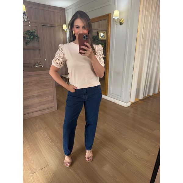 BLUSA MALHA ALGODÃO MANGA RENDA - BEGE