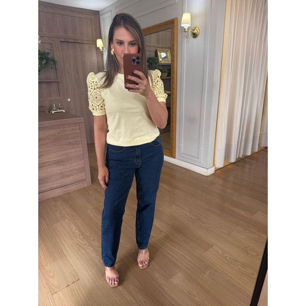 BLUSA MALHA ALGODÃO MANGA RENDA - AMARELA