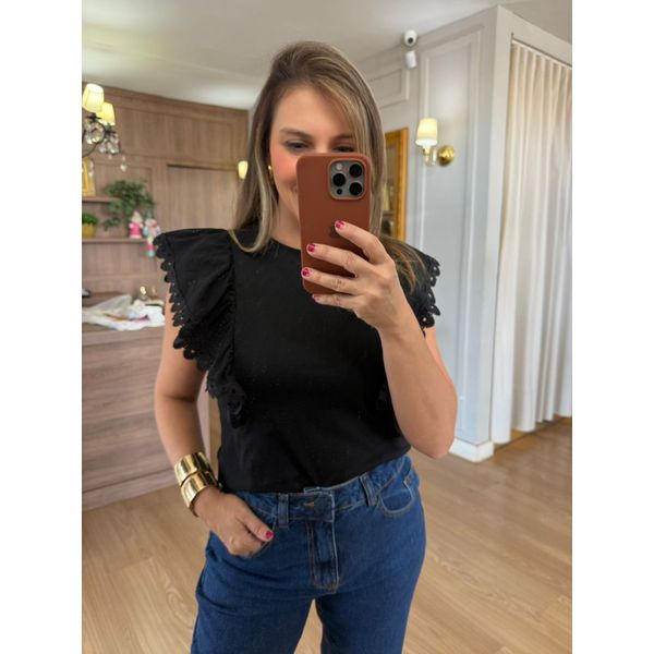 BLUSA MALHA DE ALGODÃO BABADOS - PRETA