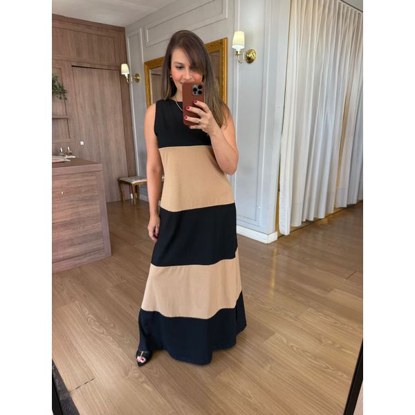 VESTIDO REGATA MALHA DE ALGODÃO BICOLOR ELISA - PRETO COM DOCE DE LEITE
