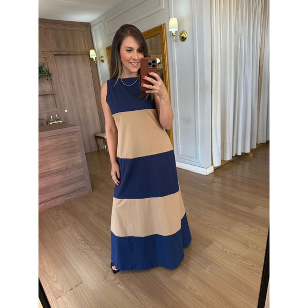 VESTIDO REGATA MALHA DE ALGODÃO BICOLOR ELISA - MARINHO COM DOCE DE LEITE