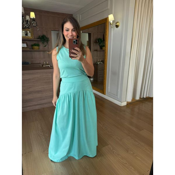 CONJUNTO REGATA E SAIA MALHA DE ALGODÃO CAMILA - VERDE AGUA 