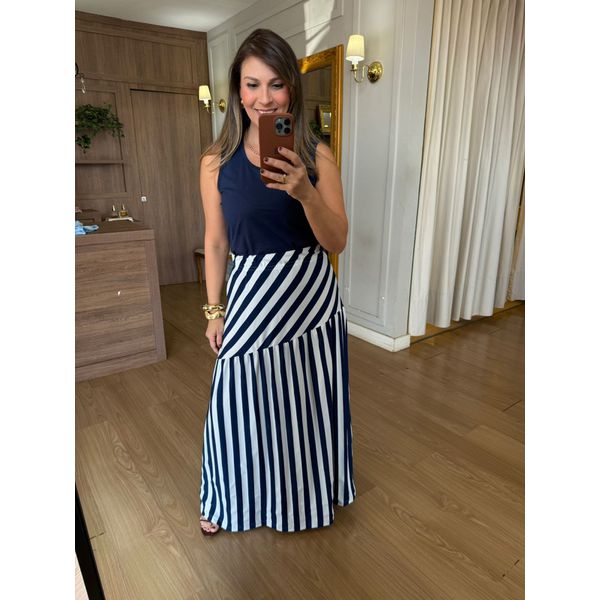CONJUNTO REGATA E SAIA MALHA IBIZA - AZUL MARINHO E LISTRA