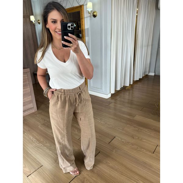 CALÇA RETA LINHO - AREIA - Espasso Bela | Moda Feminina