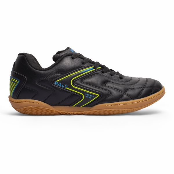 Chuteira Futsal Salt de Couro Solado Costurado - Preto/Amarelo/Azul