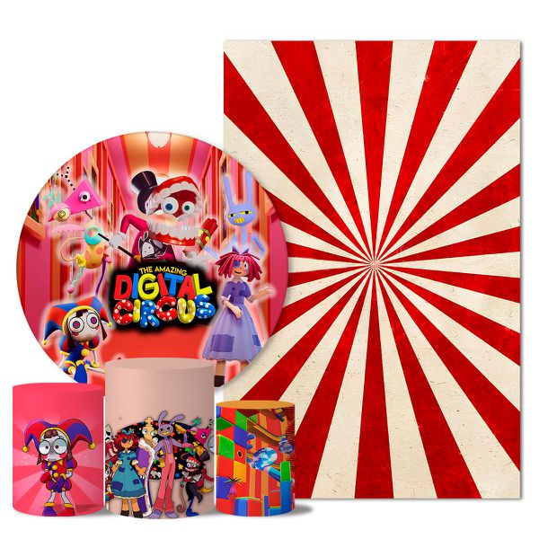  Kit Casado Veste Fácil Trio de Capas Cilindros + Painel Redondo + Painel Retangular Tema Circo Digital