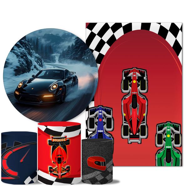 Kit Casado Veste Fácil Trio de Capas Cilindros + Painel Redondo + Painel Retangular Tema Carro de Corrida