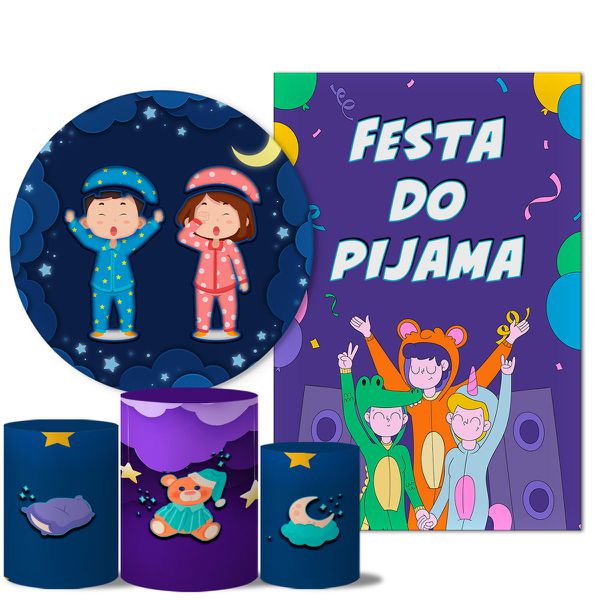 Kit Casado Veste Fácil Trio de Capas Cilindros + Painel Redondo + Painel Retangular Tema Festa Do Pijama