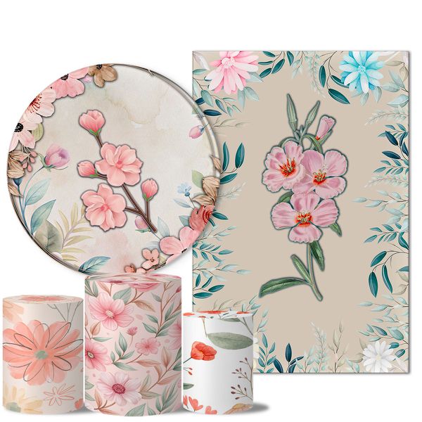 Kit Casado Veste Fácil Trio de Capas Cilindros + Painel Redondo + Painel Retangular Tema Floral 17