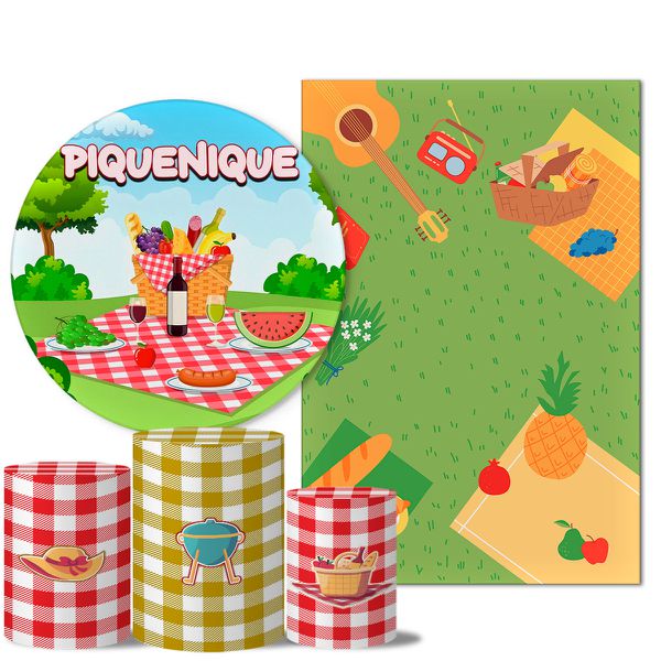 Kit Casado Veste Fácil Trio de Capas Cilindros + Painel Redondo + Painel Retangular Tema Piquenique