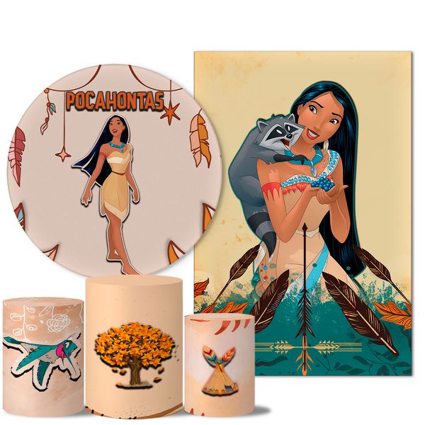 Kit Casado Veste Fácil Trio de Capas Cilindros + Painel Redondo + Painel Retangular Tema Pocahontas