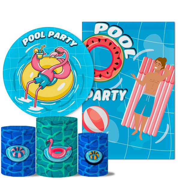 Kit Casado Veste Fácil Trio de Capas Cilindros + Painel Redondo + Painel Retangular Tema Pool Party 7