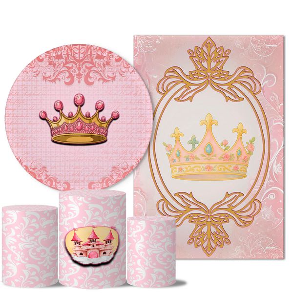 Kit Casado Veste Fácil Trio de Capas Cilindros + Painel Redondo + Painel Retangular Tema Realeza Rosa 2