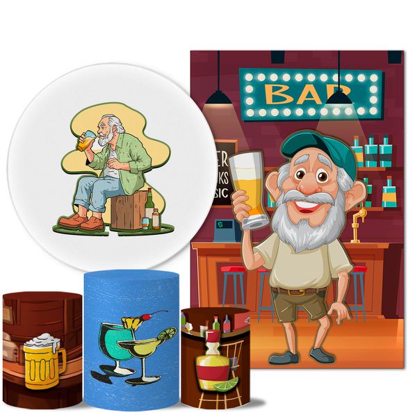 Kit Casado Veste Fácil Trio de Capas Cilindros + Painel Redondo + Painel Retangular Tema Velho do Bar