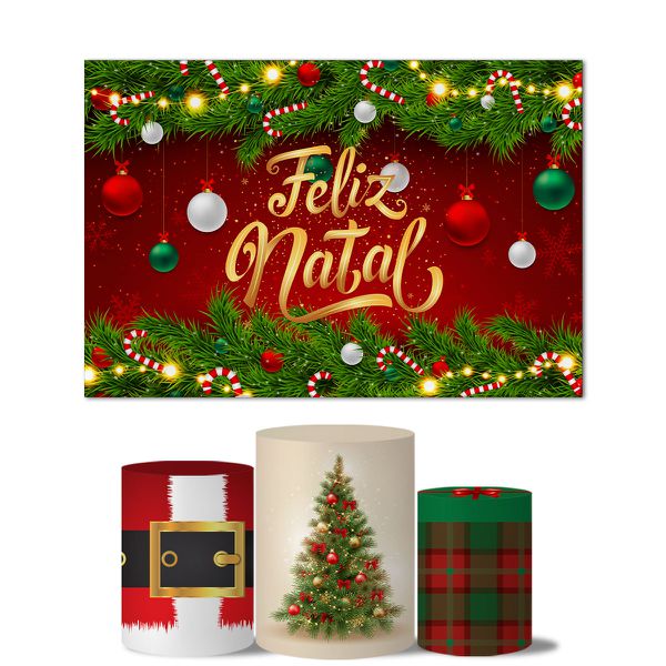 Trio Capas Cilindros + Painel Retangular Horizontal Feliz Natal 1