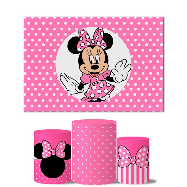 Trio Capas Cilindros + Painel Retangular Horizontal Minnie Rosa