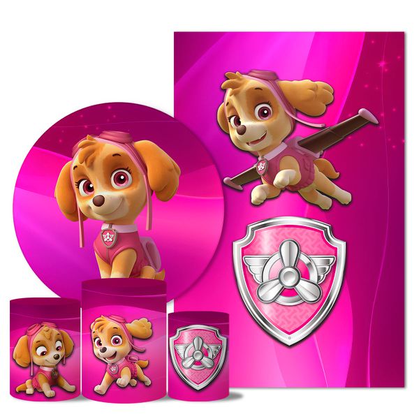 Kit Casado Veste Fácil Trio de Capas Cilindros + Painel Redondo + Painel Retangular Tema Skye Patrulha Canina