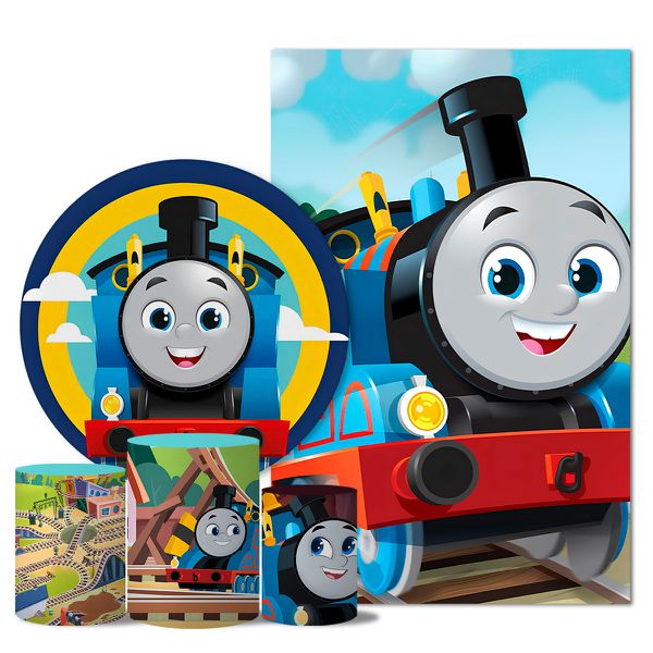 Kit Casado Veste Fácil Trio de Capas Cilindros + Painel Redondo + Painel Retangular Tema Thomas o Trem