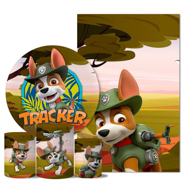 Kit Casado Veste Fácil Trio de Capas Cilindros + Painel Redondo + Painel Retangular Tema Tracker Patrulha Canina