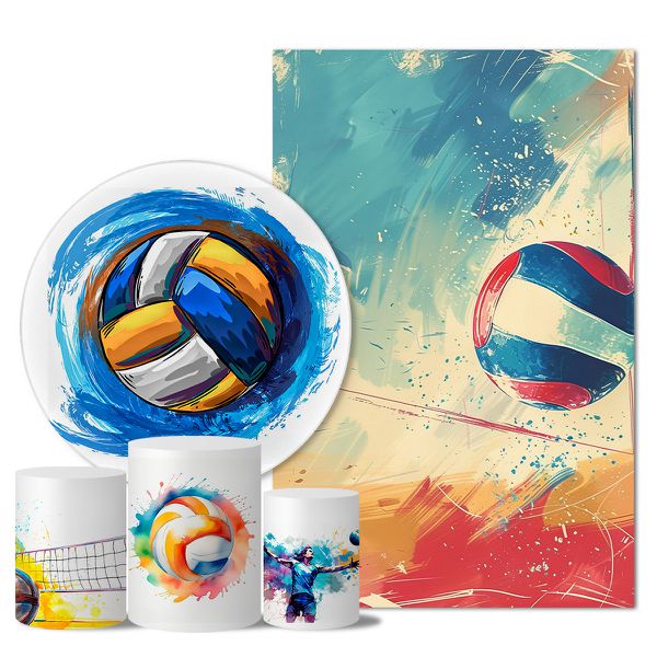 Kit Casado Veste Fácil Trio de Capas Cilindros + Painel Redondo + Painel Retangular Tema Volei