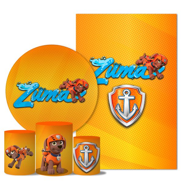 Kit Casado Veste Fácil Trio de Capas Cilindros + Painel Redondo + Painel Retangular Tema Zuma Patrulha Canina
