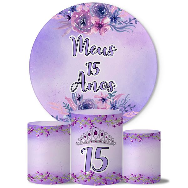 Trio Capas Cilindros + Painel Tema Meus 15 Anos Lilás Veste Fácil